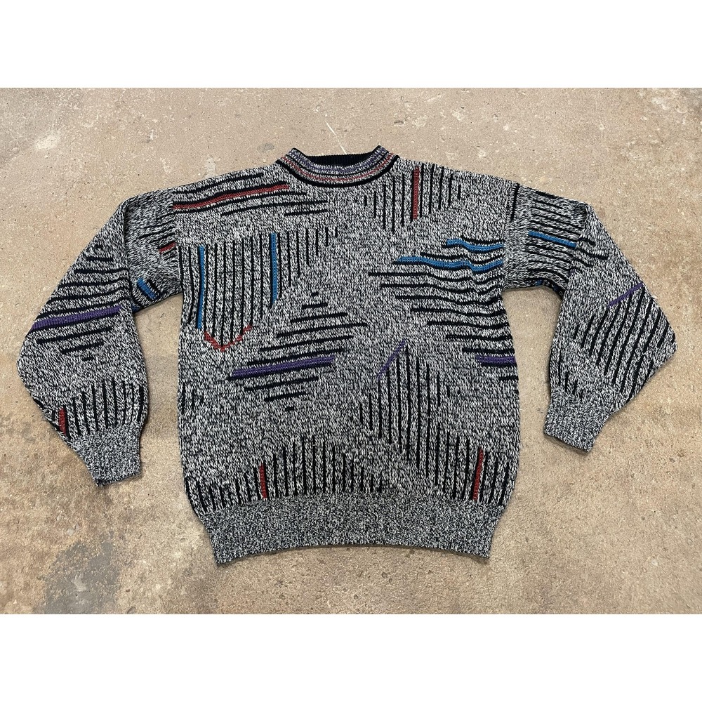 Vintage McGregor‎ Sweater Mens Medium Black Gray Abstract Geometric Crewneck 90s